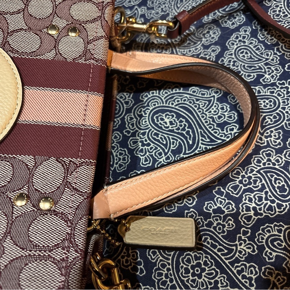 Coach Dempsey Tote 22 Crossbody Bag - Signature Canvas Stripe - Wine/Burgundy - Picture 5 of 7